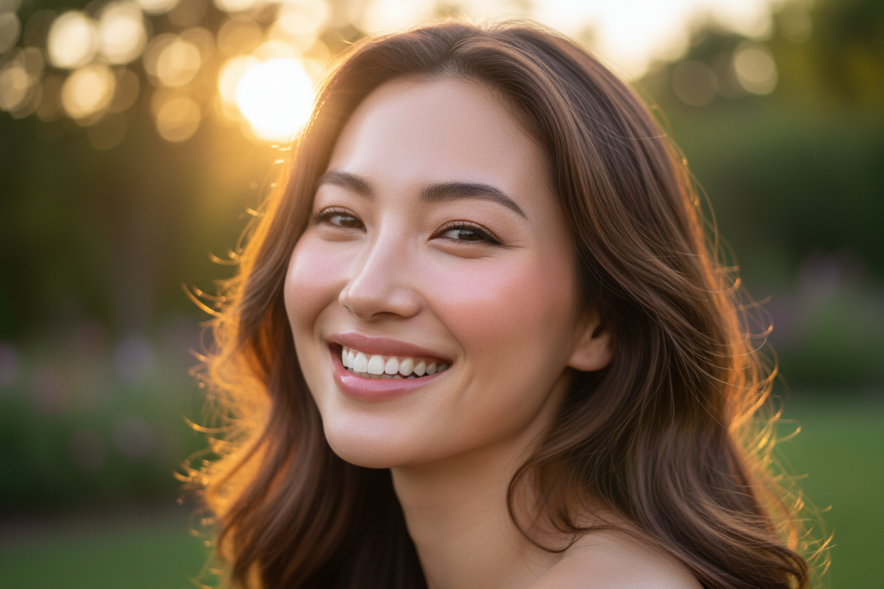 woman smiling happy with very glowing skin